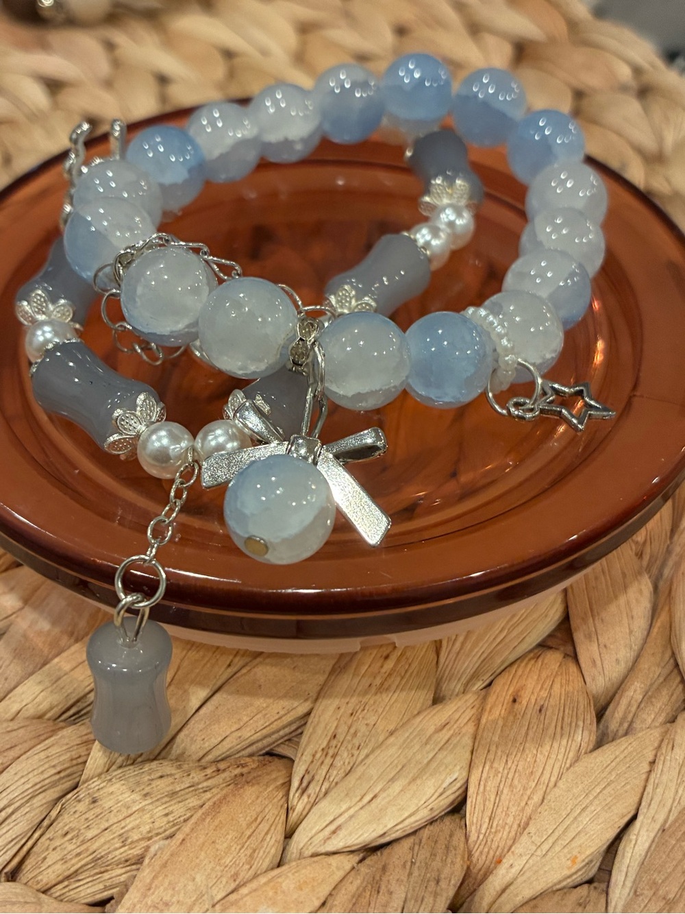 Blue Beaded Charm Bracelet Set - Elegant Women's Jewelry